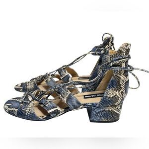 Design Lab Lord & Taylor Snakeskin Print Lace Up Block Heel Sandals Blue Size 10